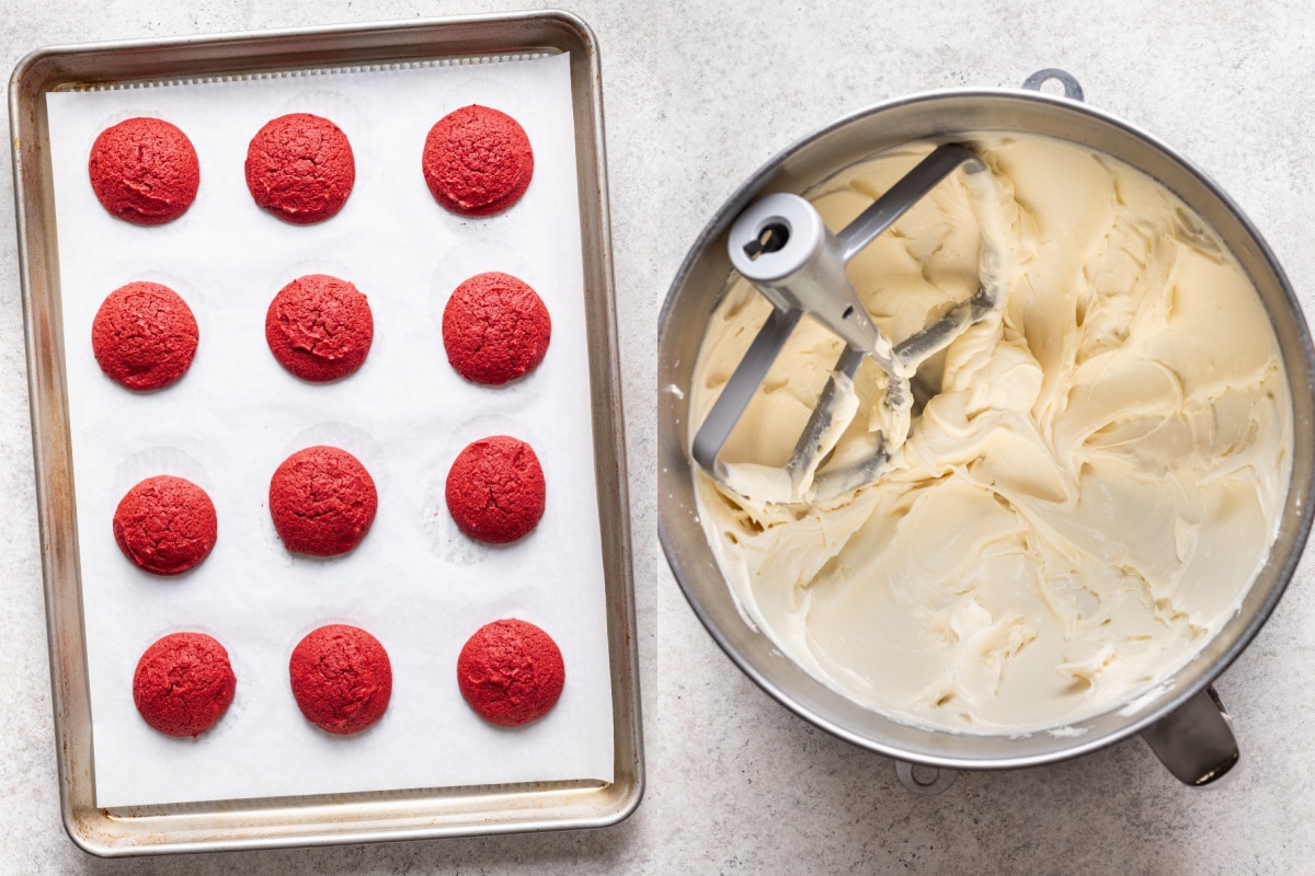 Baked red velvet cookies next to a bowl of cream cheese frosting.