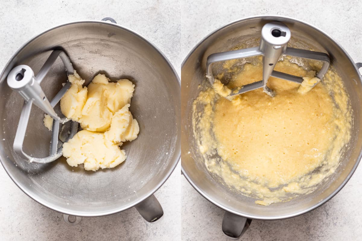 Side by side photos of creamed butter and sugar and egg and vanilla mixed into creamed butter mixture.