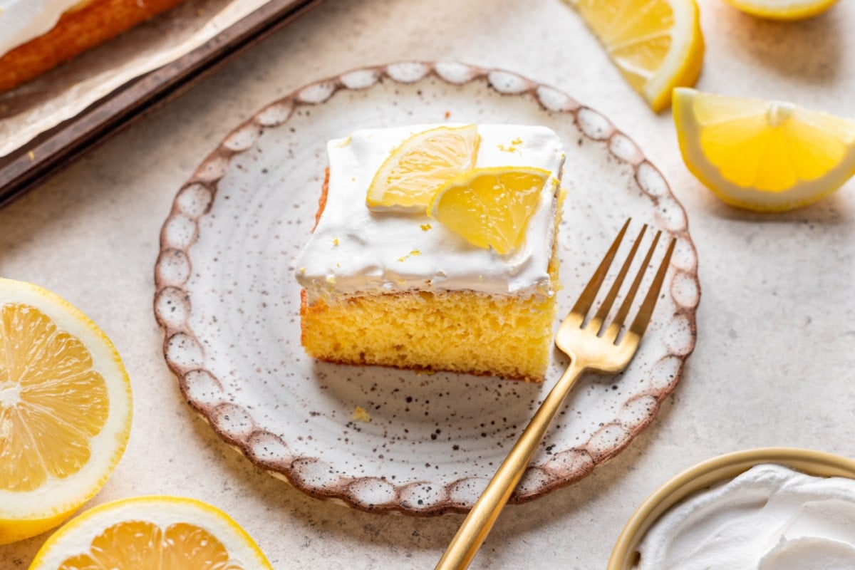 A piece of lemon poke cake topped with two partial lemon slices on a plate.