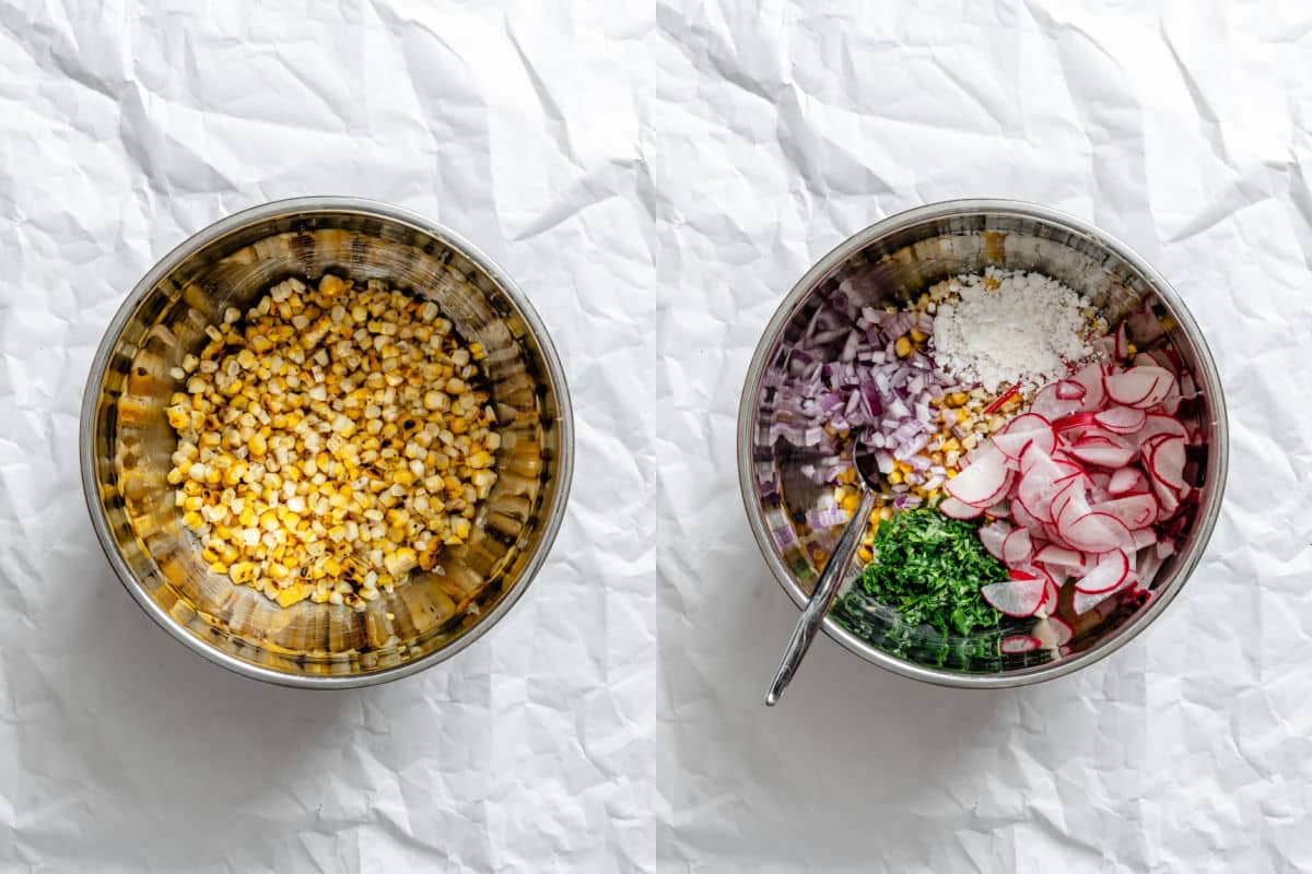 Grilled corn kernels in a mixing bowl next to cilantro onion radish and cotija cheese on grilled corn kernels.