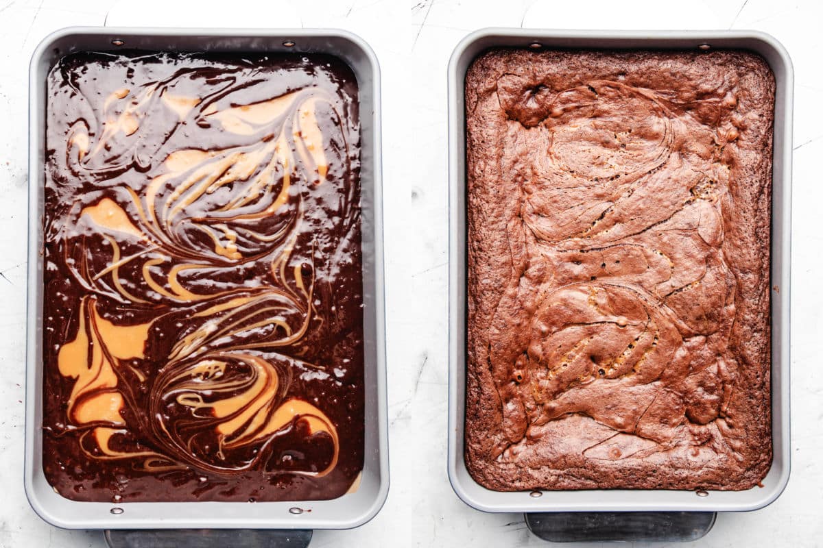 Caramel tourbé dans la pâte à brownie à côté d'un moule de brownies au caramel cuits.