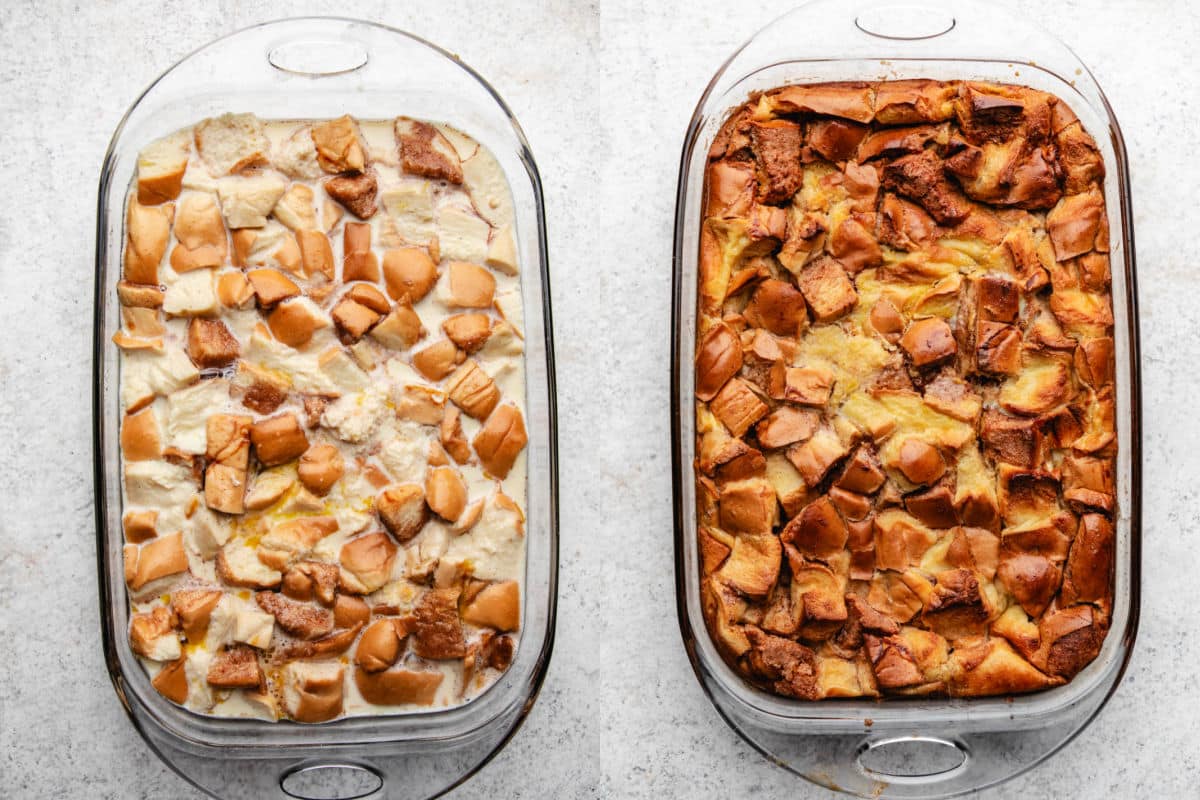 Egg mixture poured over bread cubes in a baking dish next to baked bread pudding. 