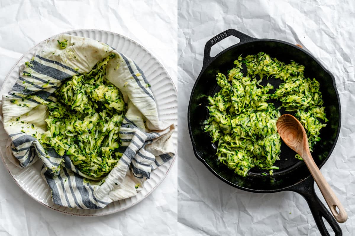 A cloth squeezing moisture from zucchini next to a skillet with shredded zucchini in it.
