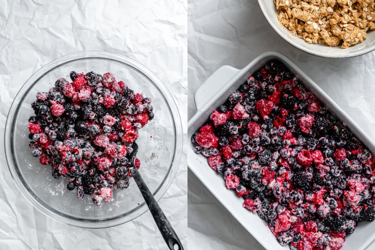 Berries in a bowl tossed in flour and sugar next to coated berries in a dish.