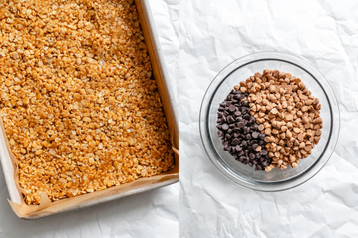 A pan of peanut butter rice krispies pressed into a pan next to a dish with chocolate chips and butterscotch morsels.