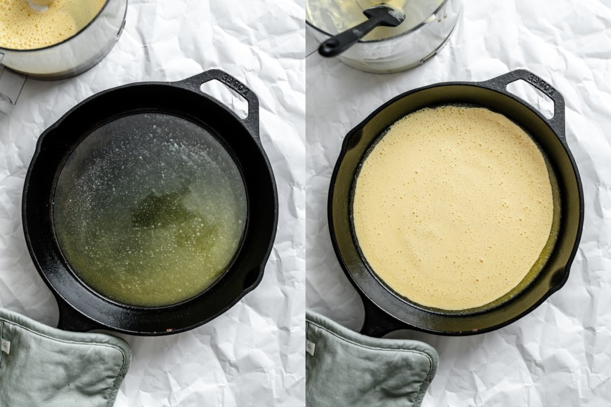 Melted butter in a skillet and German pancake batter in a skillet.