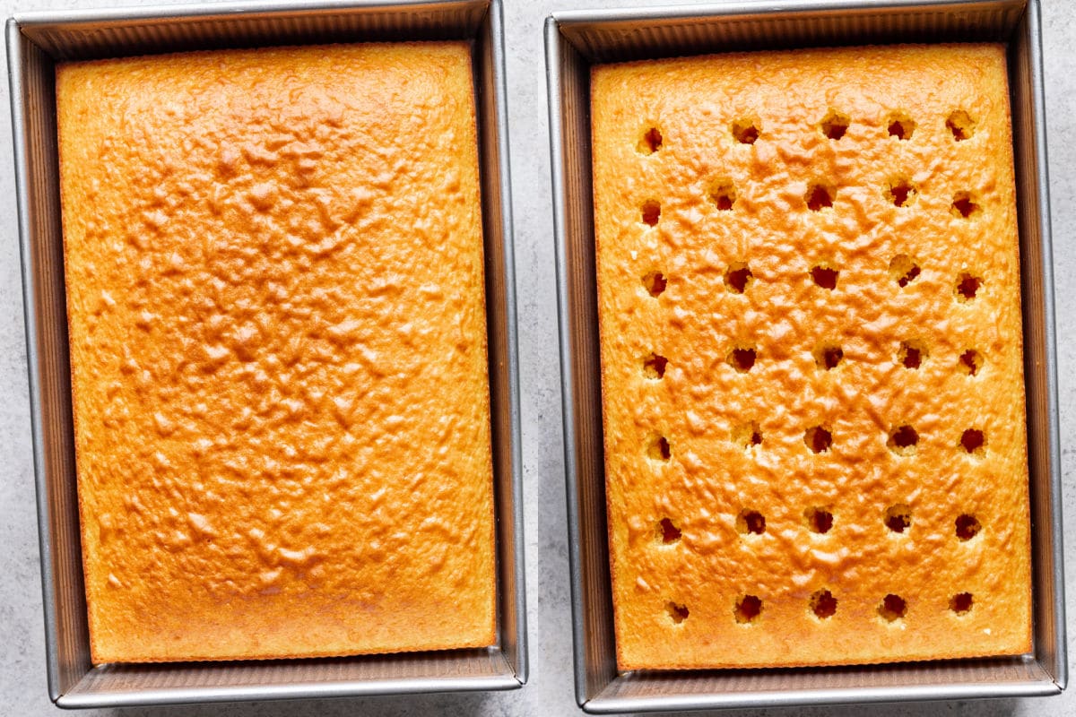 Gâteau au citron cuit dans un moule avec des trous piqués dans le gâteau.