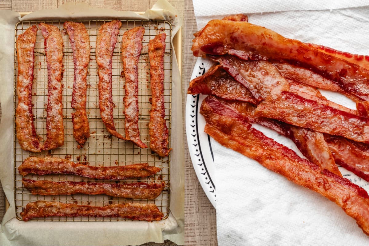 A tray of cooked bacon next to cooked bacon on a paper towel lined plate.