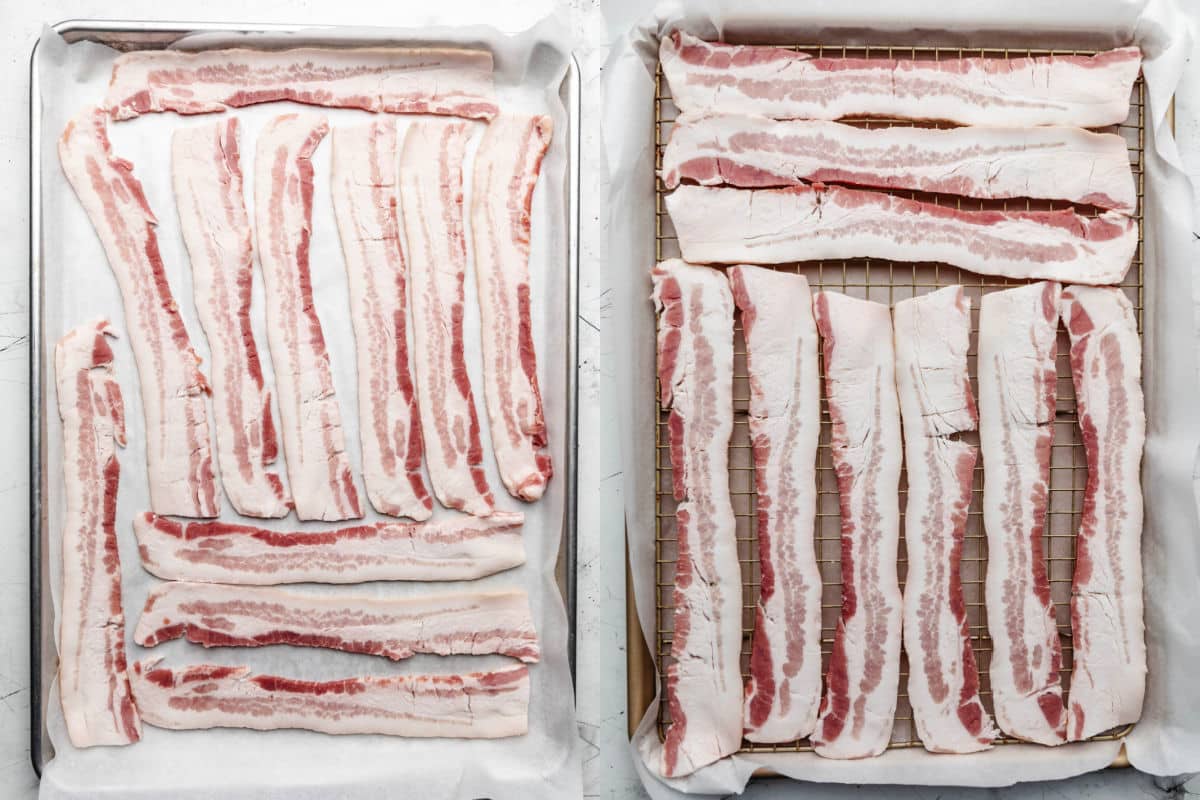 A parchment lined tray of raw bacon next to a wire rack lined tray of raw bacon.