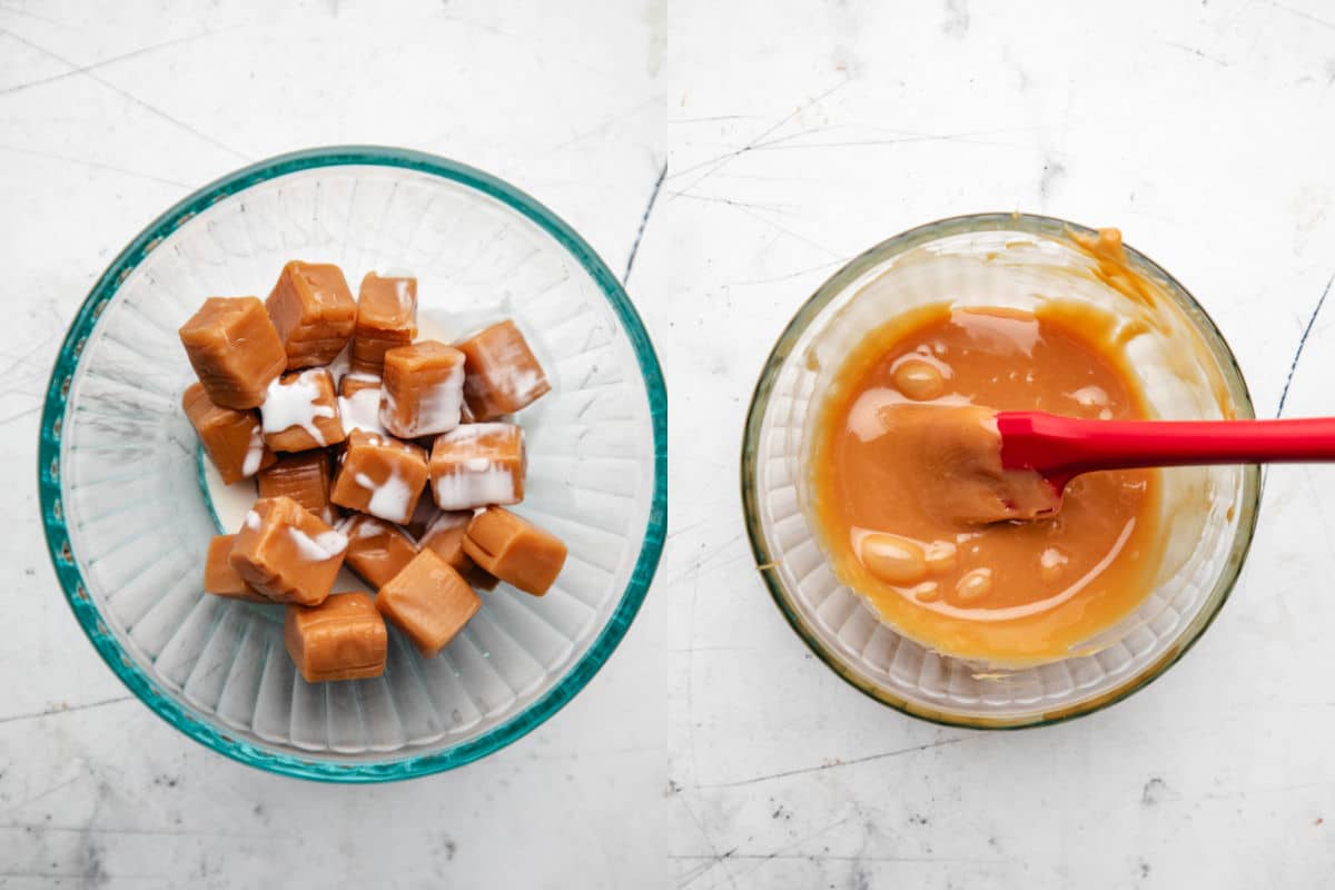 Caramels et crème dans un bol à côté d'un bol de caramel fondu.