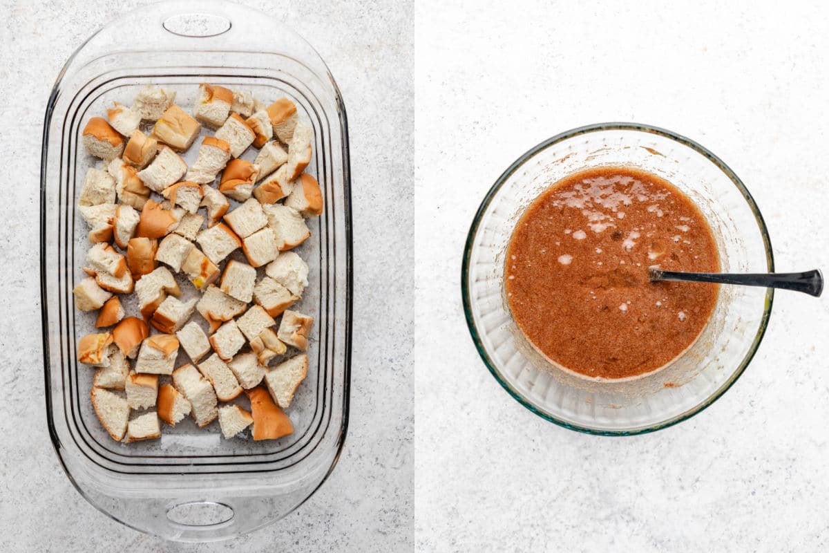 Bread cubes in a baking dish next to a bowl of cinnamon roll filling. 