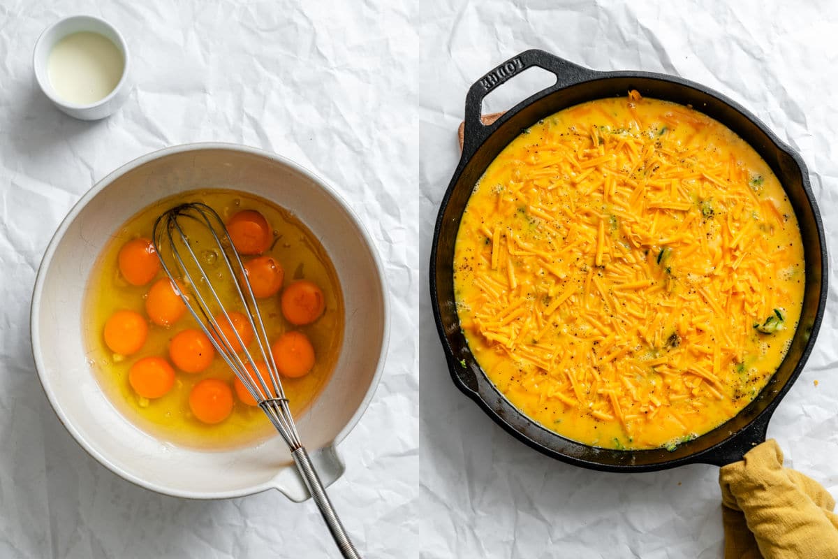 Egg and milk mixture in a mixing bowl next to unbaaked zucchini frittata mixture in a cast iron skillet.