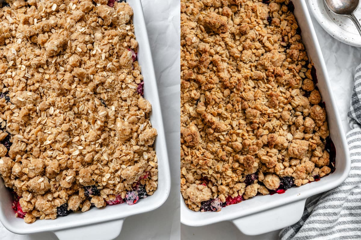 Unbaked triple berry crisp next to a dish of triple berry crisp.