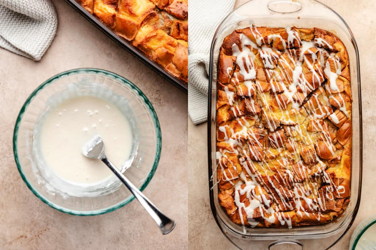A bowl of icing next to icing drizzled over cinnamon roll bread pudding. 