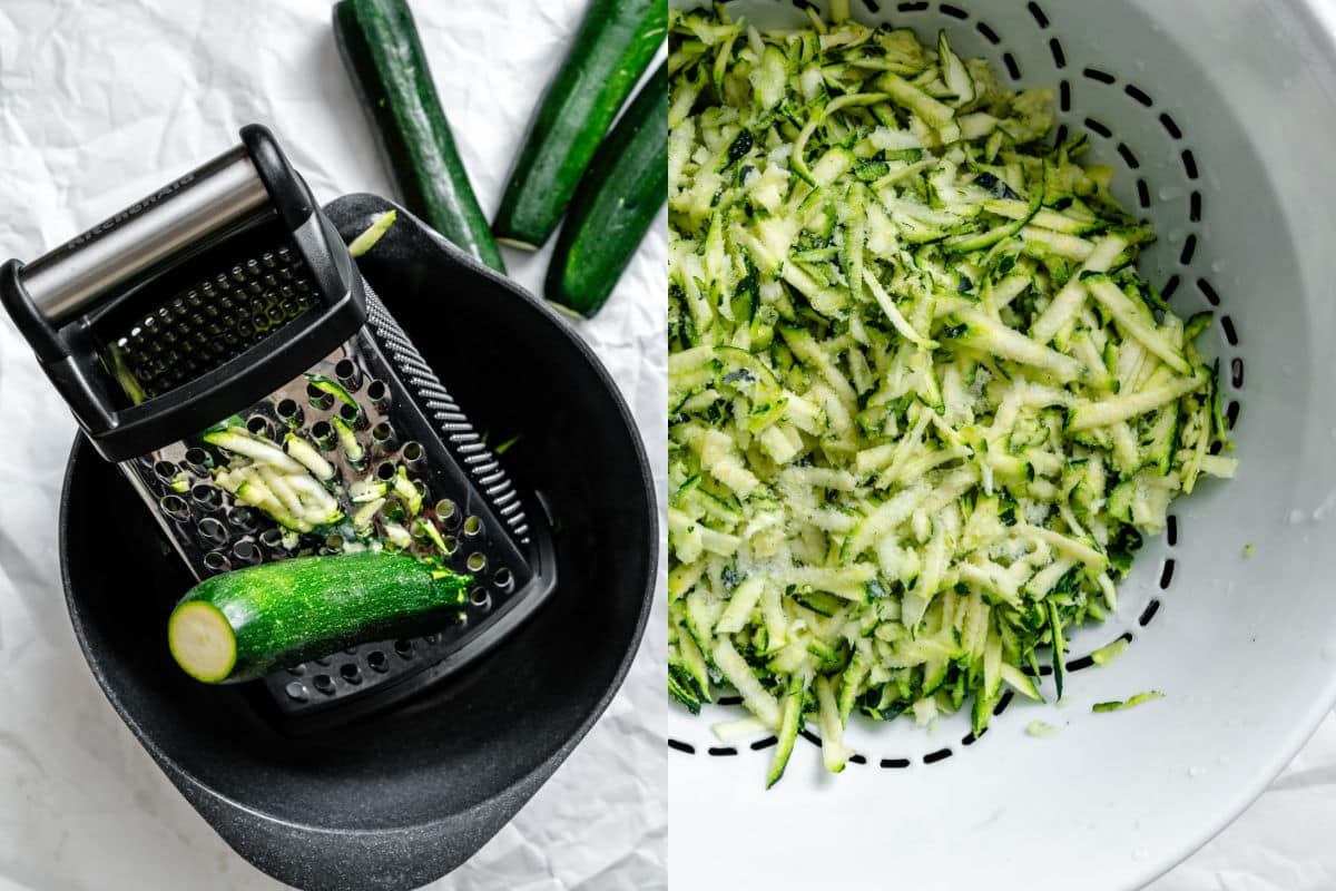 Zucchini shredded on a box grater next to shredded zucchini in a colander.
