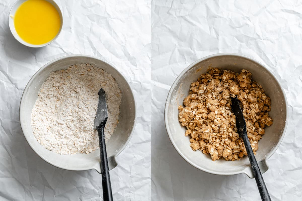 Dry ingredients for crisp topping in a bowl next to a bowl of crisp topping.