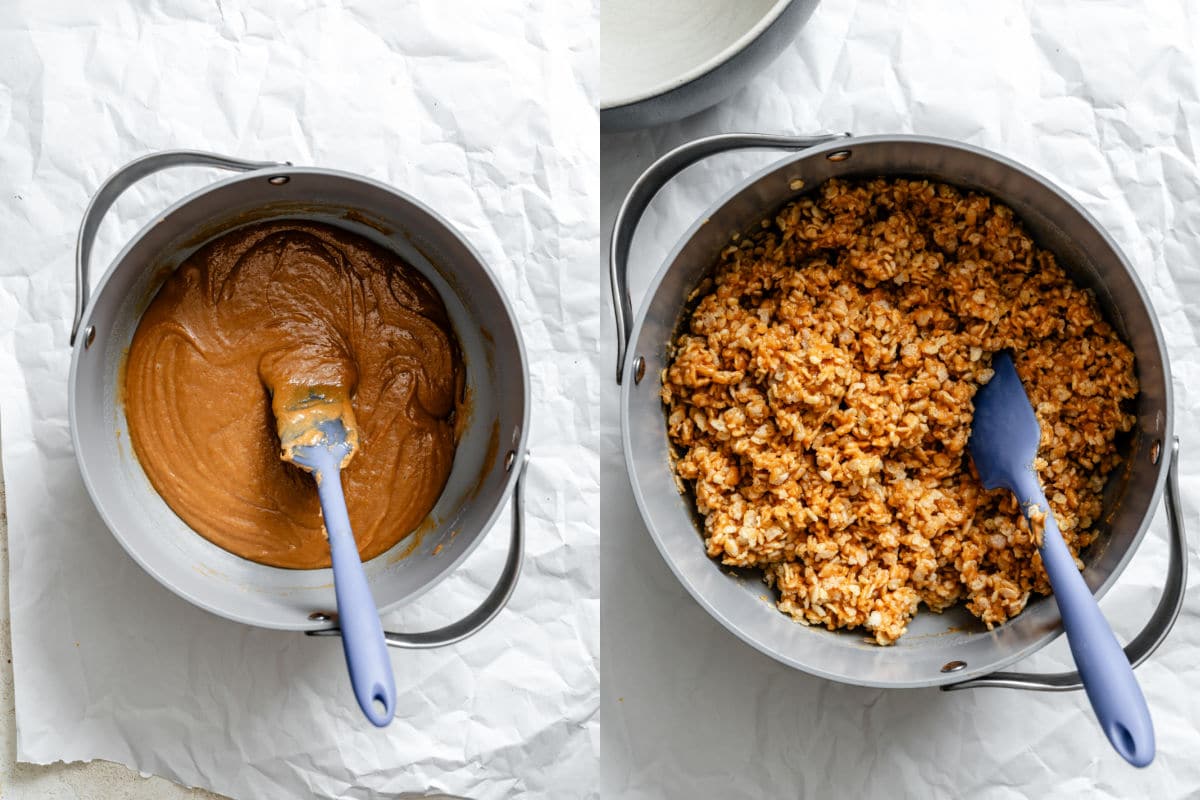 peanut butter mixture in a saucepan next to cereal tossed in peanut butter mixture.