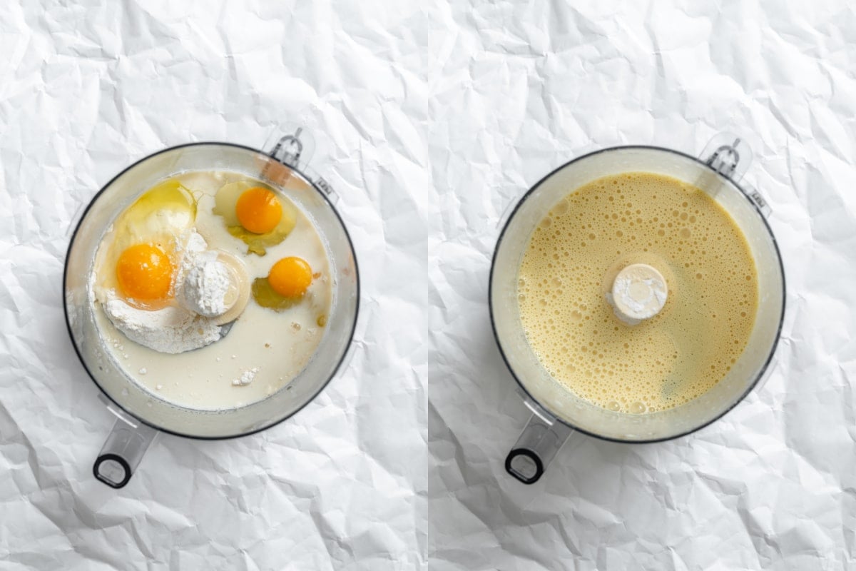Ingredients for German pancakes in a blender and blended in a blender.