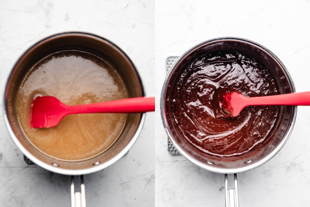 Beurre et sucres dans une casserole à côté de pépites de chocolat mélangées au mélange de beurre.
