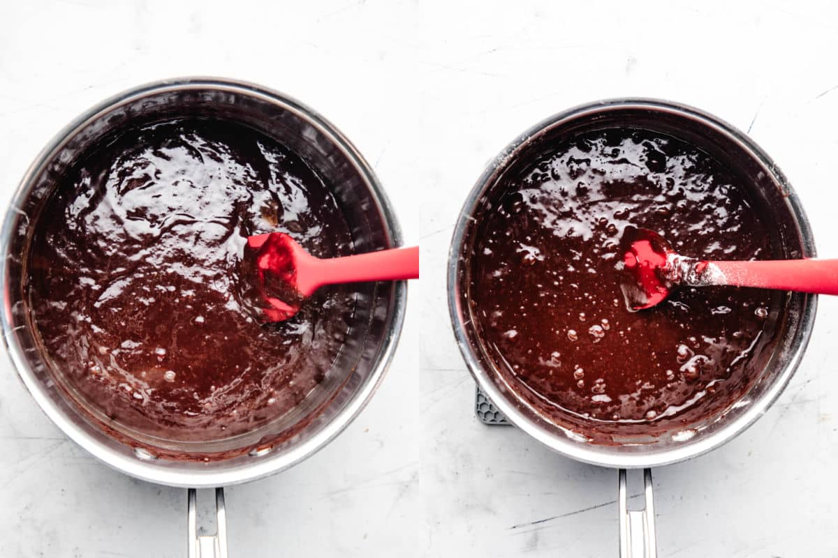 Oeufs et vanille incorporés au mélange de chocolat à côté des ingrédients secs ajoutés au mélange humide pour la pâte à brownie.