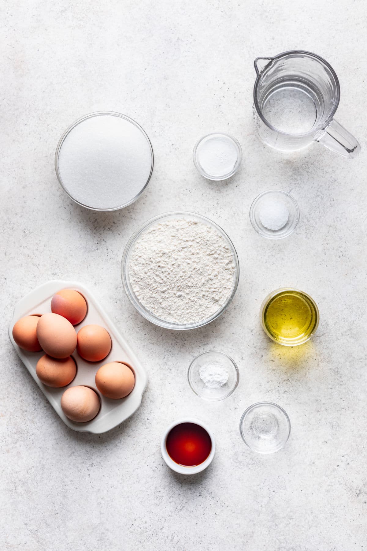 Ingredients for chiffon cake in dishes.