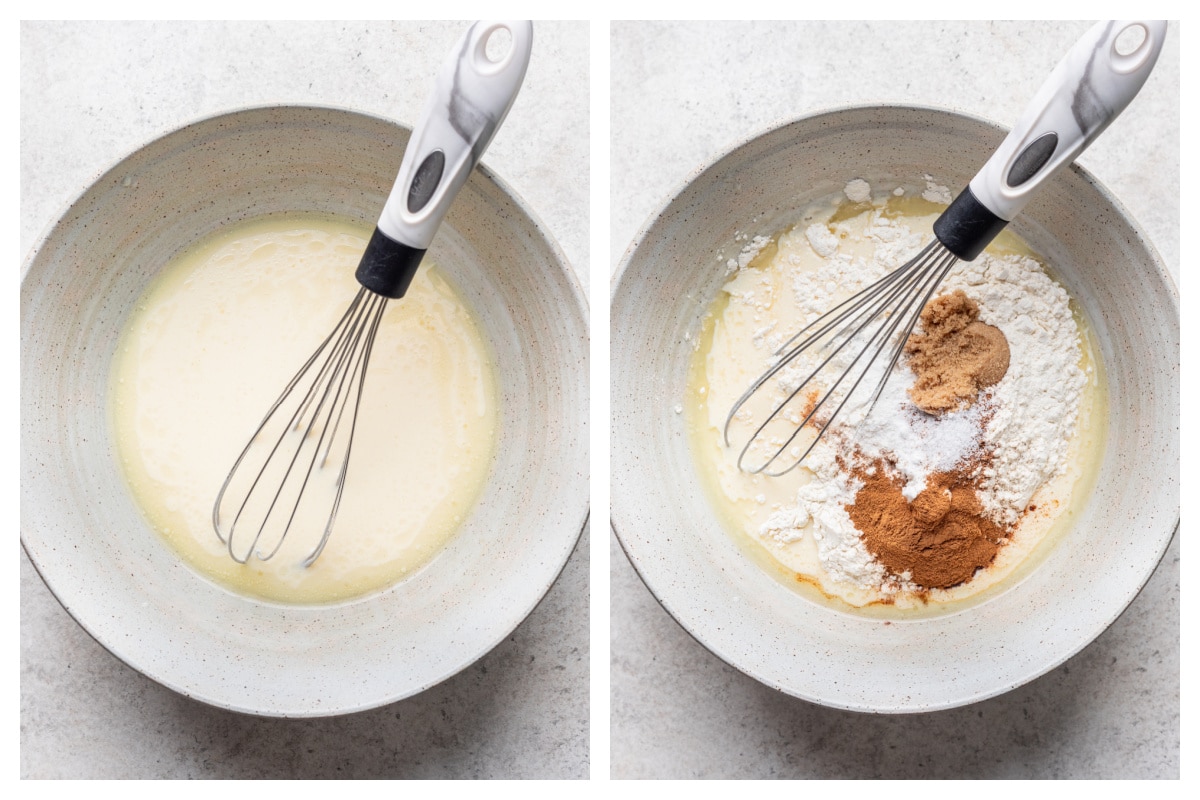 Wet ingredients in a mixing bowl next to dry ingredients on wet ingredients for carrot cake pancakes.