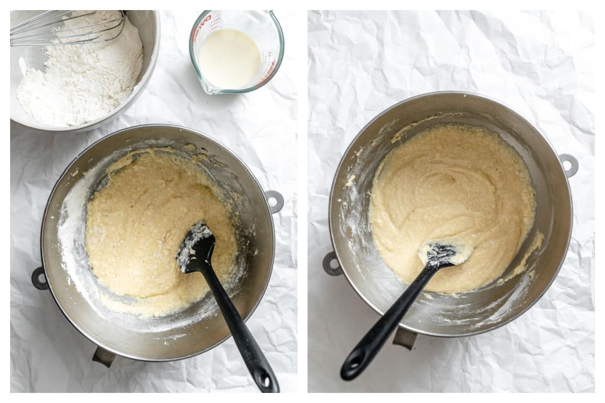 Flour and milk next to creamed butter mixture and mixing bowl with strawberry shortcake bar batter in it.