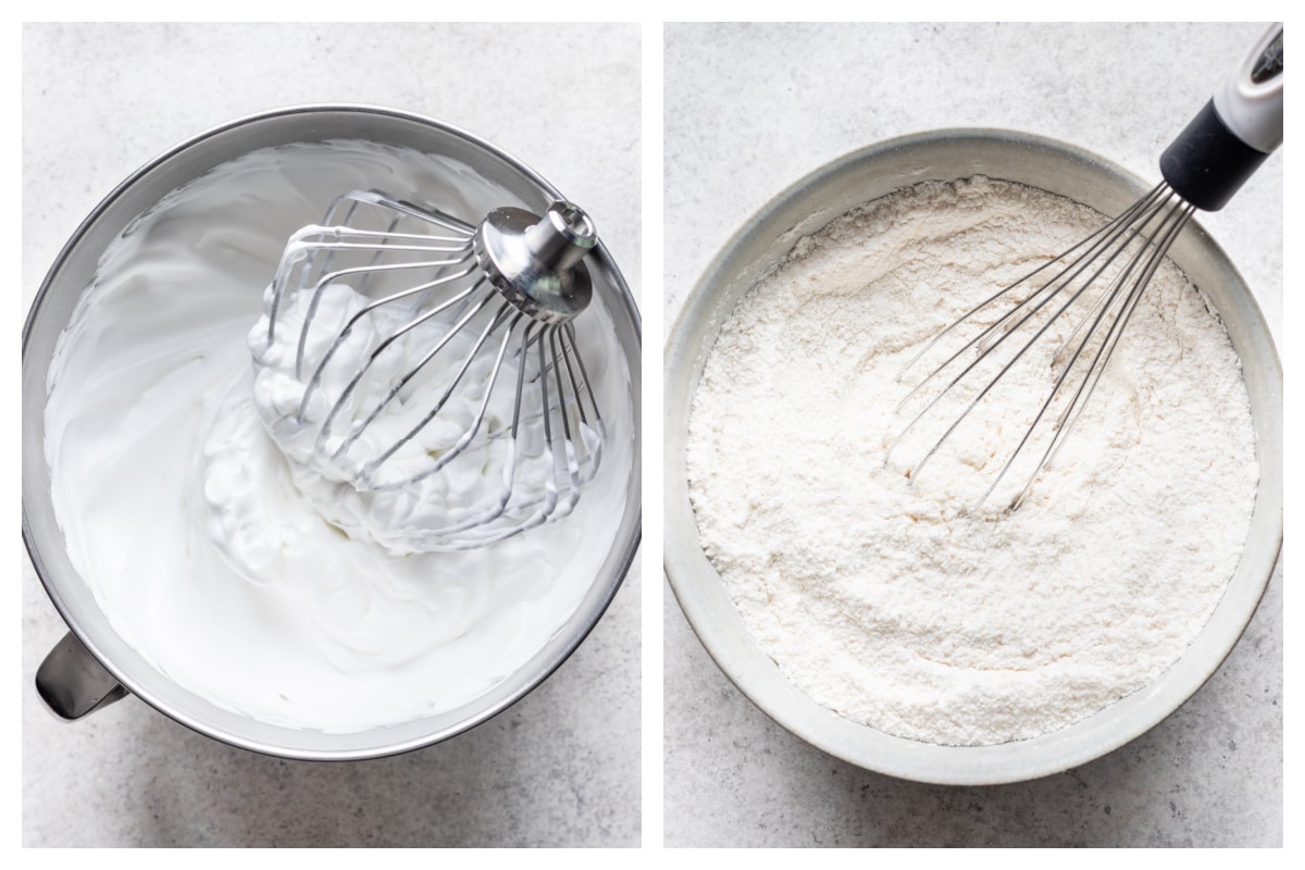 Beaten egg whites in a mixing bowl next to a whisk whisking dry ingredients together.