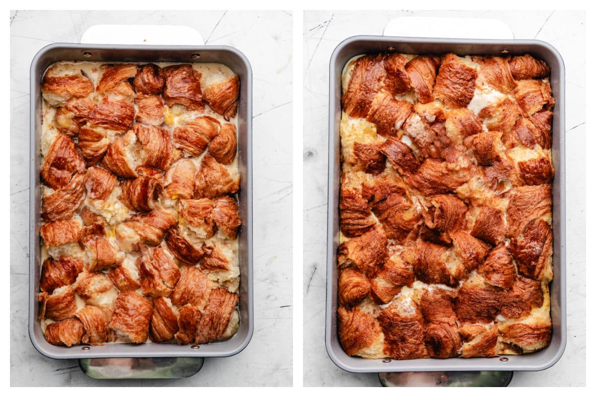 Egg mixture poured over torn croissants next to a pan of croissant baked french toast.
