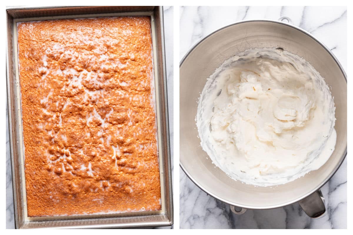 Milk mixture poured over tres leches cake and a bowl of whipped cream.