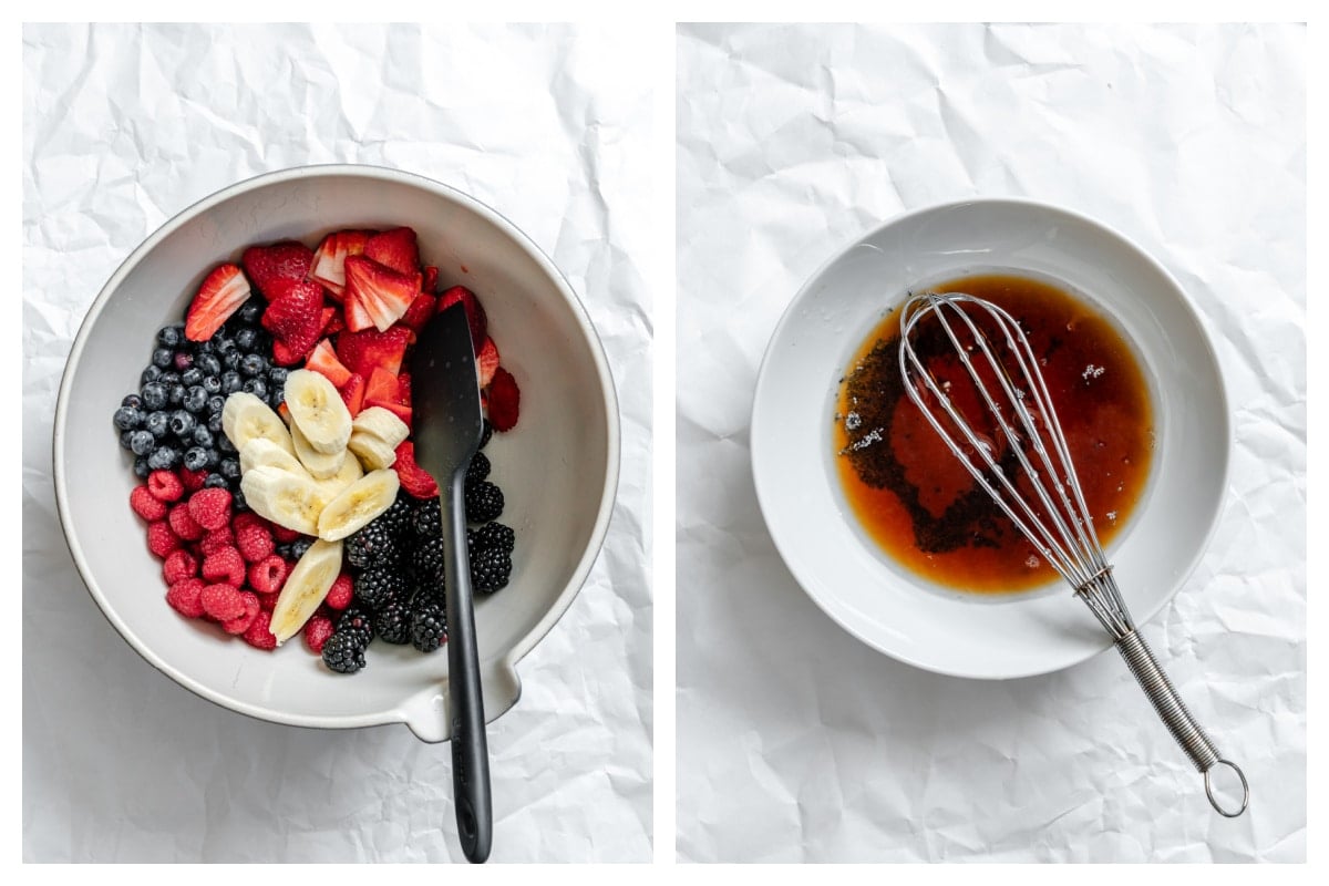 fruit in a bowl next to a dish of honey, lemon juice, and poppy seeds.