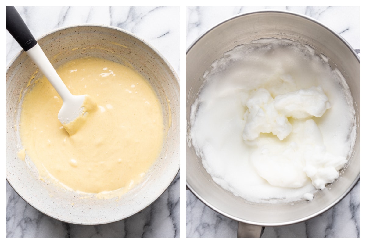 Egg yolk mixture in a bowl next to a bowl of whipped egg whites.