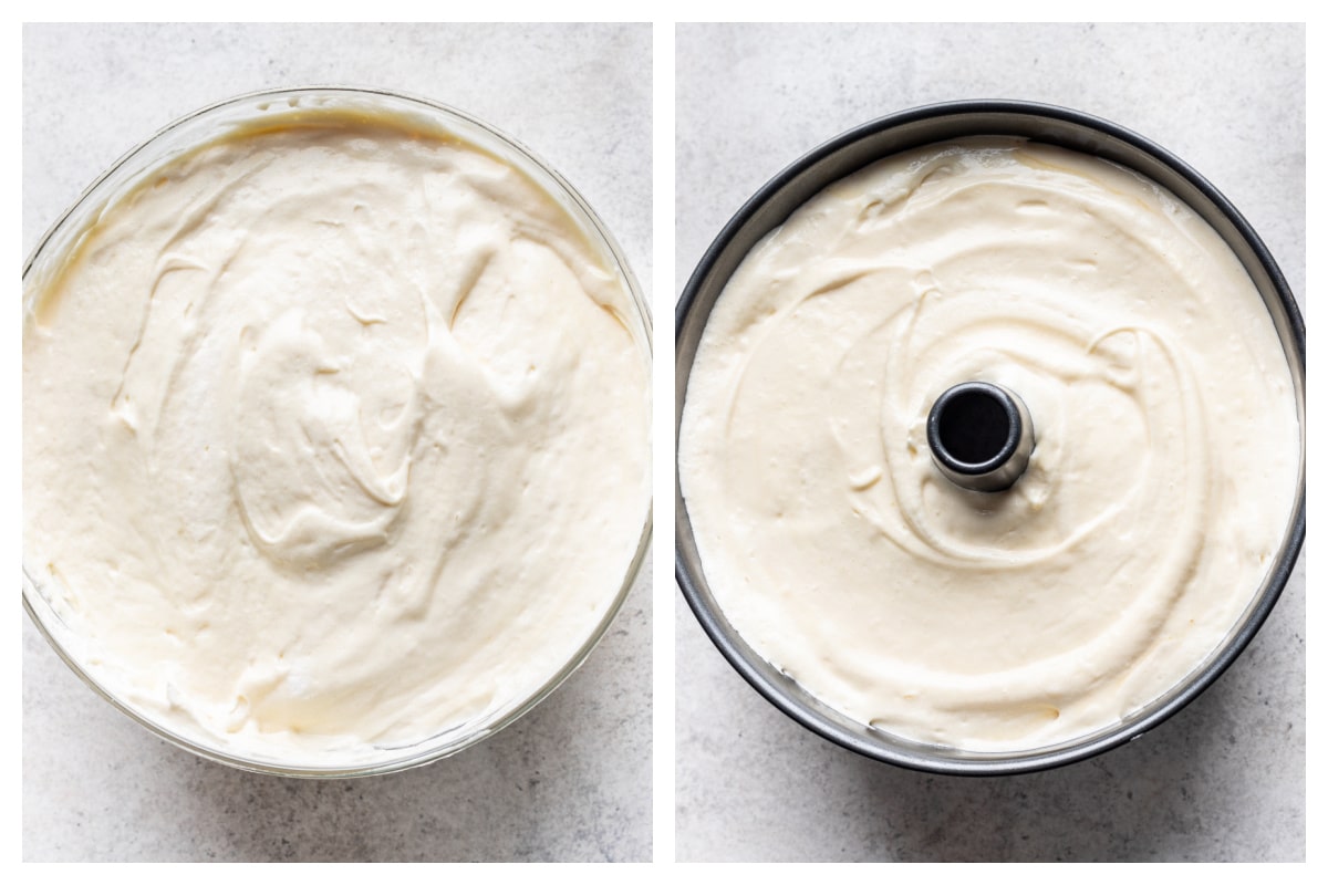 Egg whites folded into egg yolk mixture next to chiffon cake batter in a tube pan.