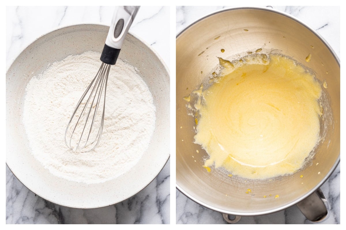 Dry ingredients whisked in a bowl next to egg yolks and sugar whipped together in a mixing bowl.