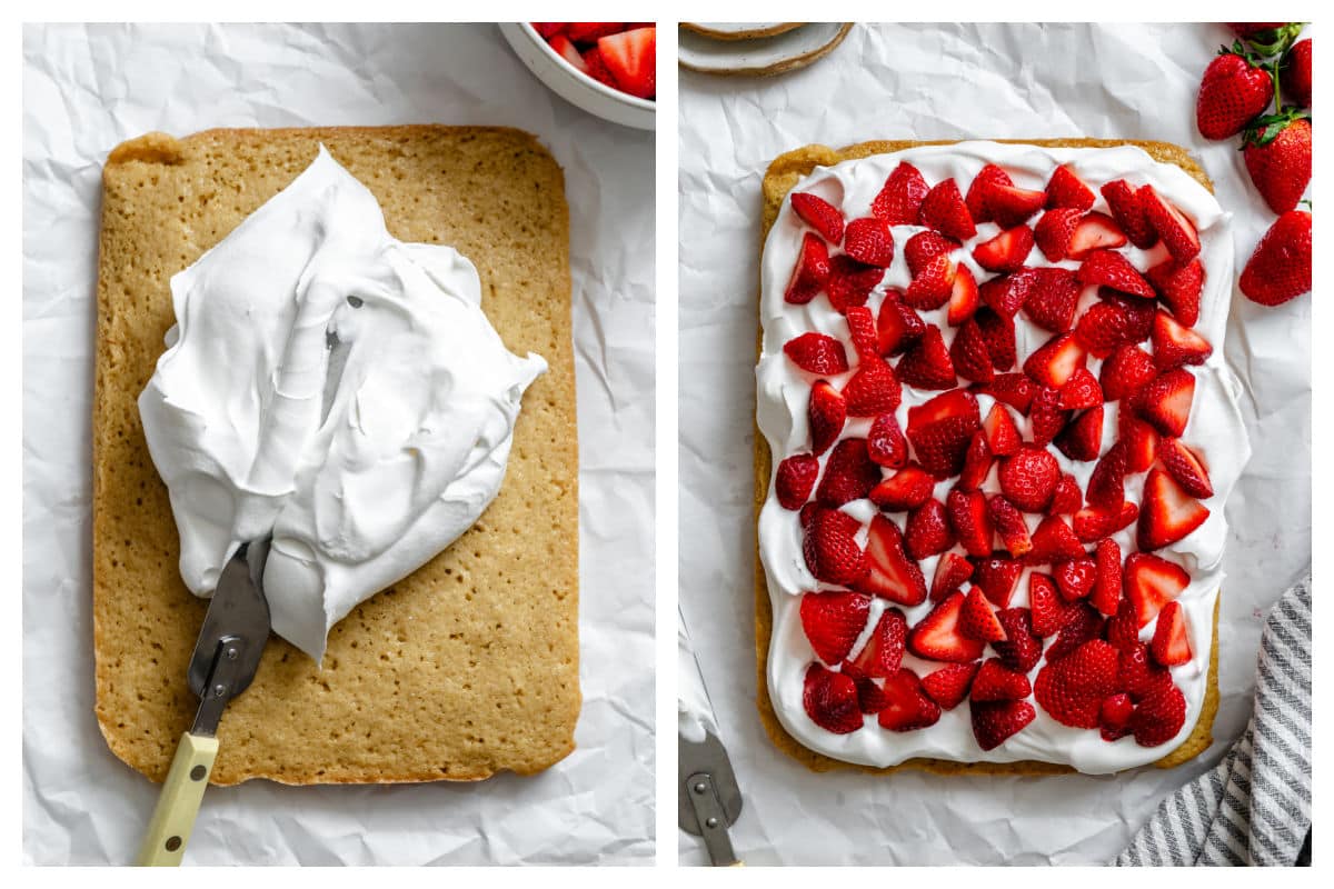 An offset spatula spreading whipped topping on bars and strawberries on whipped topping.