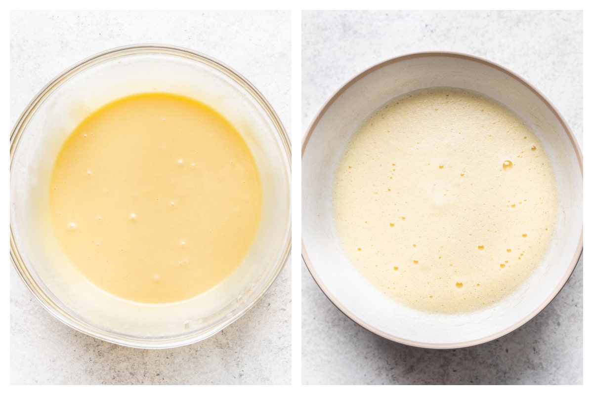 Egg yolks and oil in a mixing bowl next to dry ingredients in egg yolk mixture.