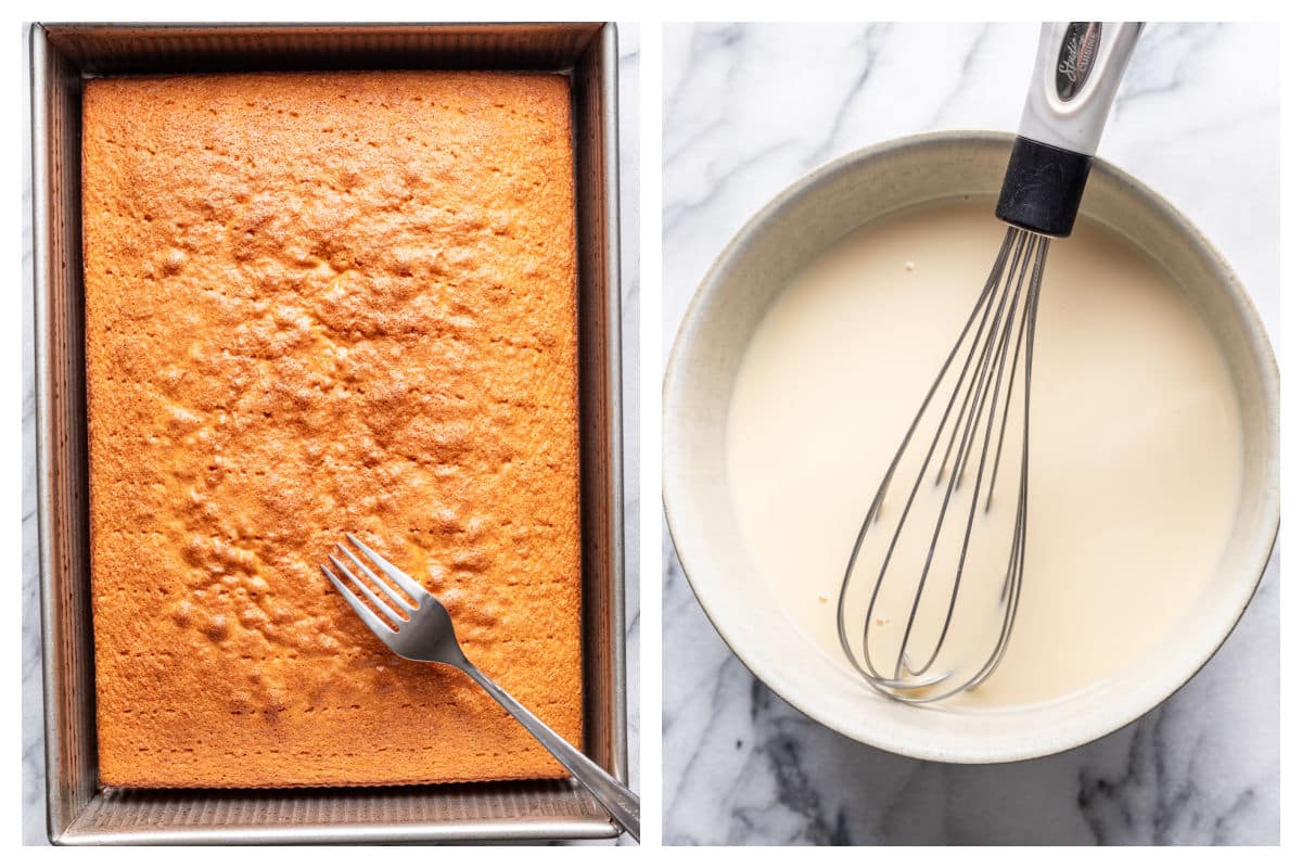 A fork poking holes in a tres leches cake next to a bowl of three milk mixture.