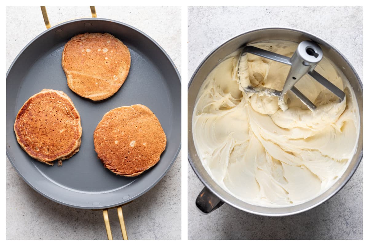 Three cooked carrot cake pancakes in a pan next to a mixing bowl of cream cheese frosting.