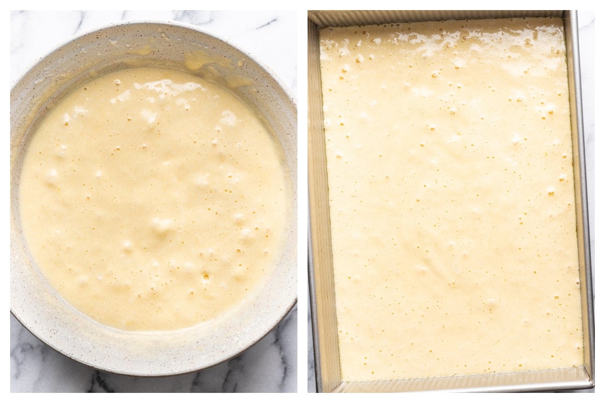 A bowl of tres leches cake batter next to tres leches cake batter in a baking pan.