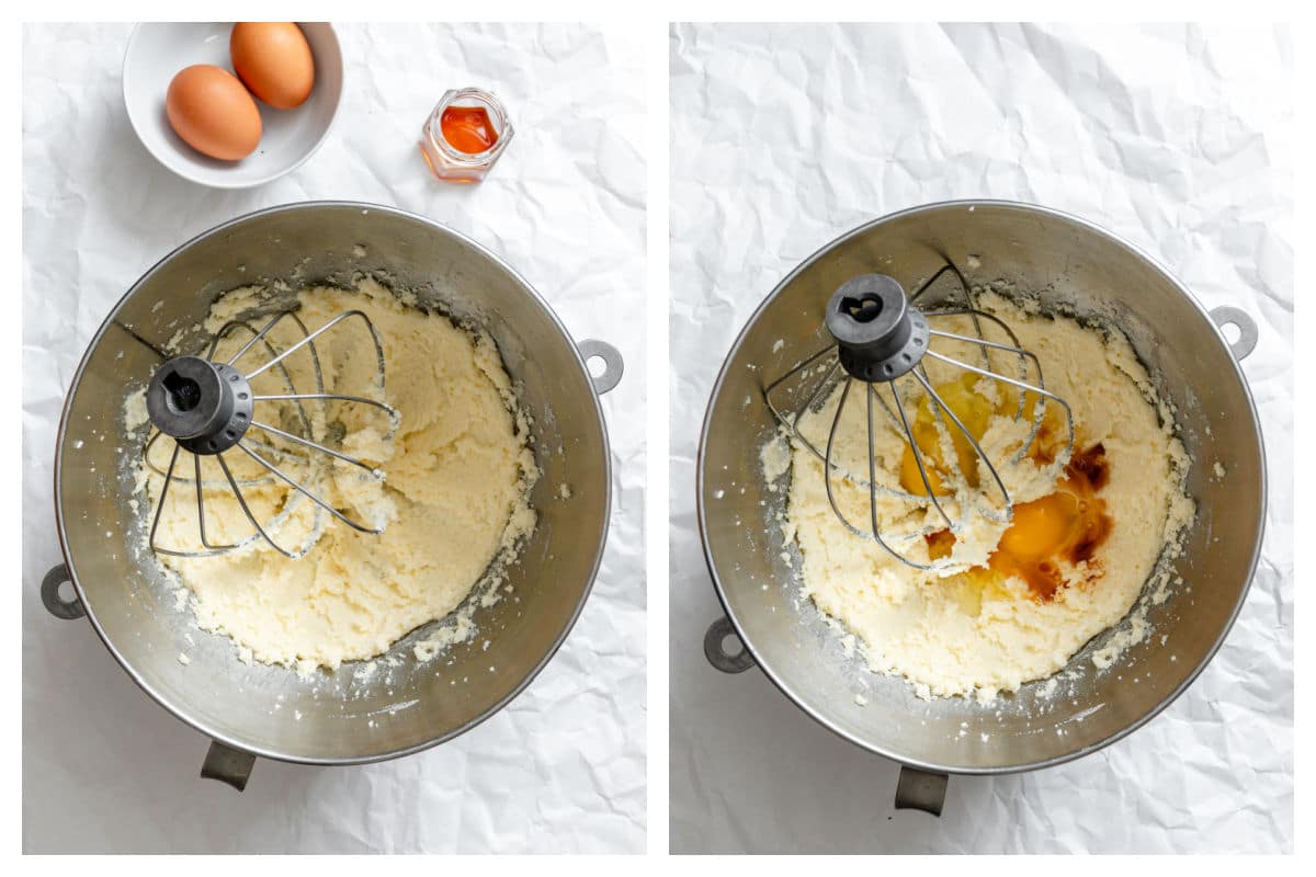 Creamed butter mixture in a mixing bowl next to eggs and vanilla on creamed butter mixture.