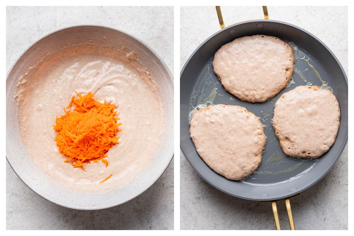 Grated carrot on top of pancake batter next to uncooked carrot cake pancakes in a skillet.