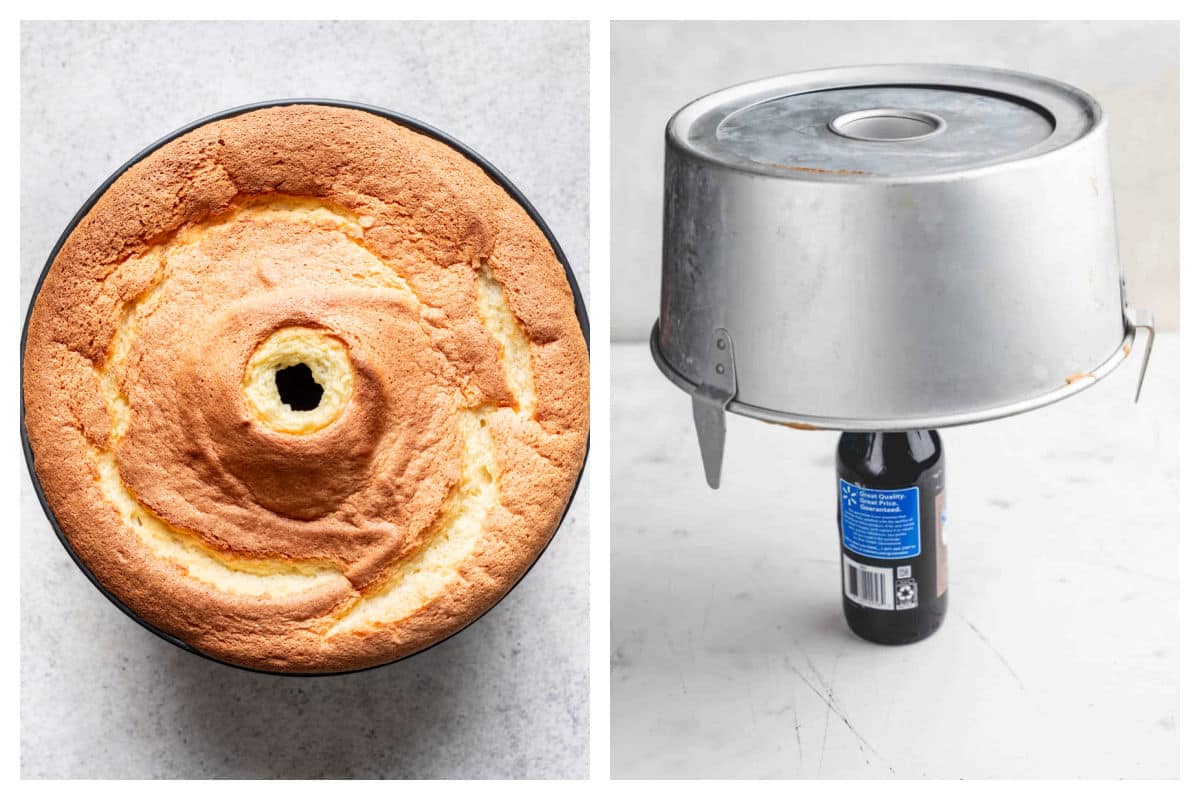 Baked chiffon cake in a tube pan next to a tube pan upside down on a glass bottle.