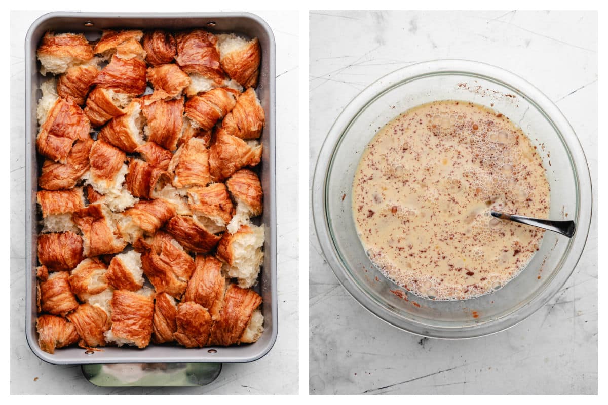 Torn pieces of croissant in a pan next to a bowl of egg mixture.