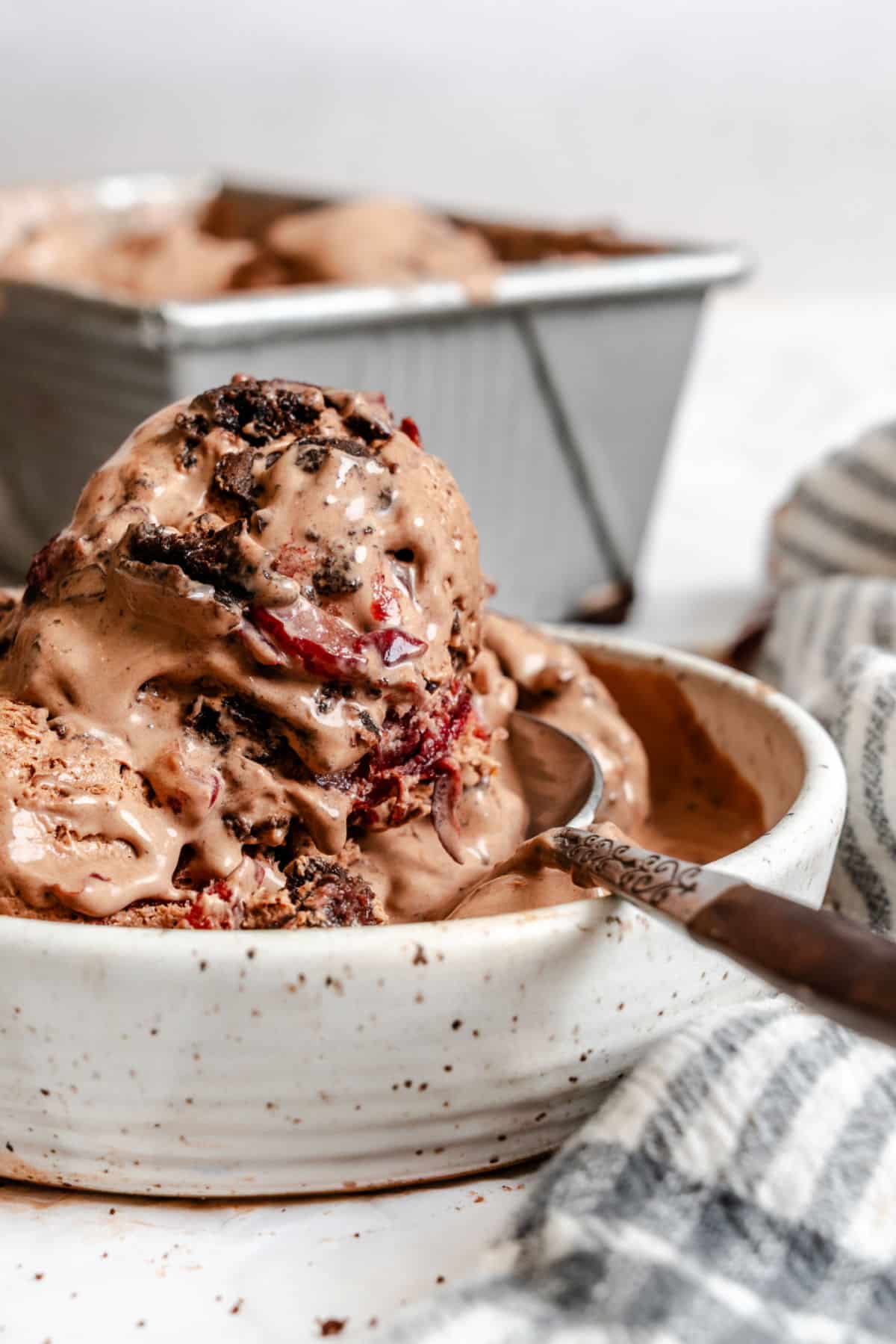 A bowl of no churn black forest ice cream.