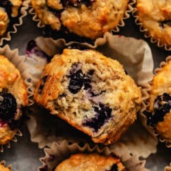 A blueberry oatmeal muffin with a bite missing on its side.
