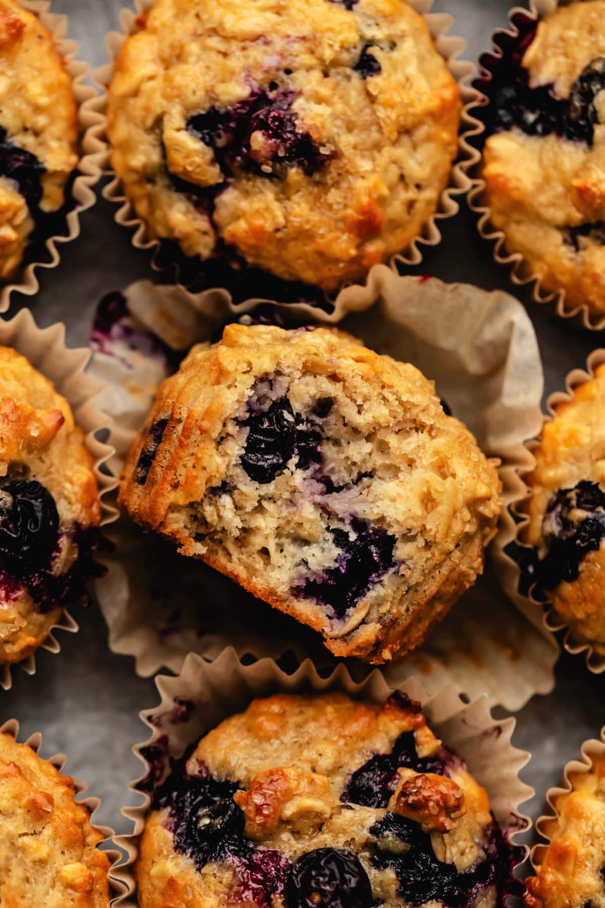 A blueberry oatmeal muffin with a bite missing on its side.