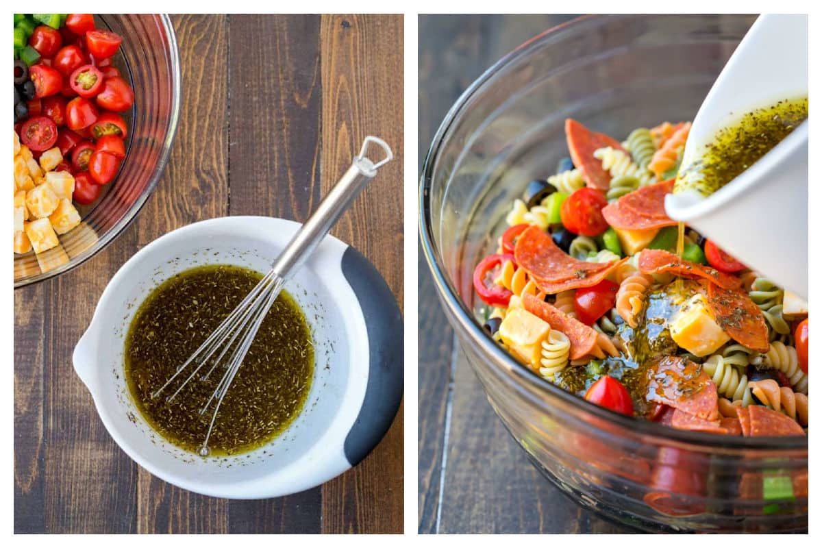 Italian dressing for pasta salad in a mixing bowl next to the dressing pouring onto pasta salad.