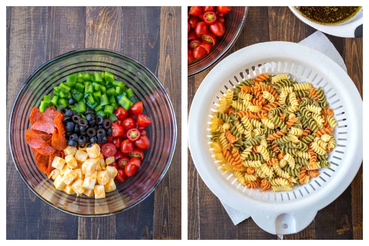 Veggies, meat, and cheese in a bowl next to a colander of pasta.