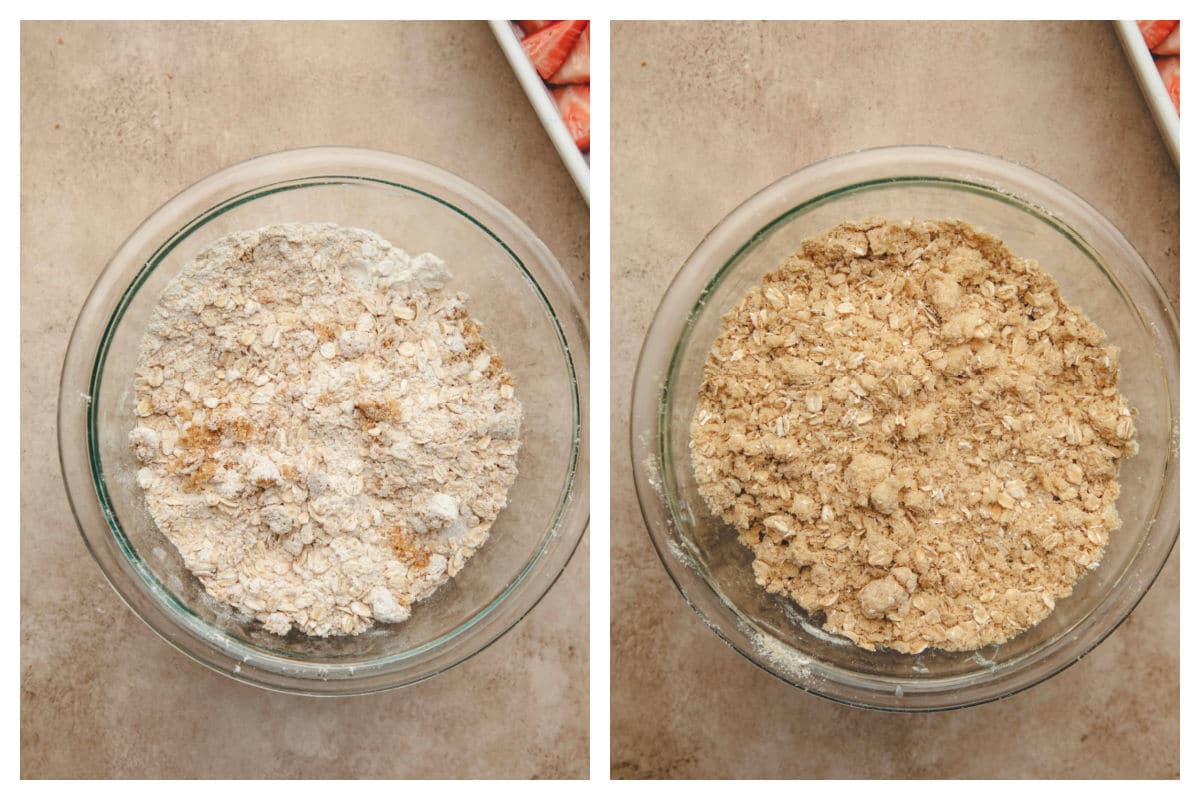 Dry ingredients for crisp topping in a bowl and butter cut into crisp topping.
