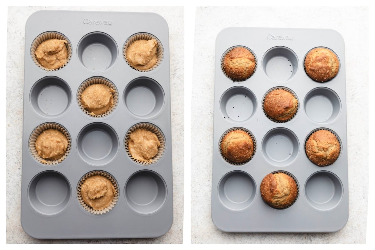 Banana muffin batter in a muffin tin next to baked banana muffins.